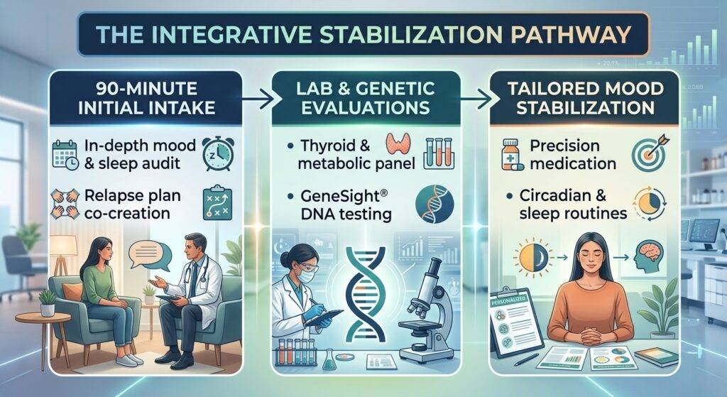 A clinical infographic illustrating "THE INTEGRATIVE STABILIZATION PATHWAY" in three stages within a modern clinic setting. The first column, "90-MINUTE INITIAL INTAKE," features a doctor and patient consulting, including an "In-depth mood & sleep audit" and "Relapse plan co-creation." The second column, "LAB & GENETIC EVALUATIONS," shows a lab with a DNA model, including a "Thyroid & metabolic panel" and "GeneSight® DNA testing." The third column, "TAILORED MOOD STABILIZATION," features a patient resting with a brain diagram, including "Precision medication" and "Circadian & sleep routines." All elements are connected by arrows, and background data charts are visible.