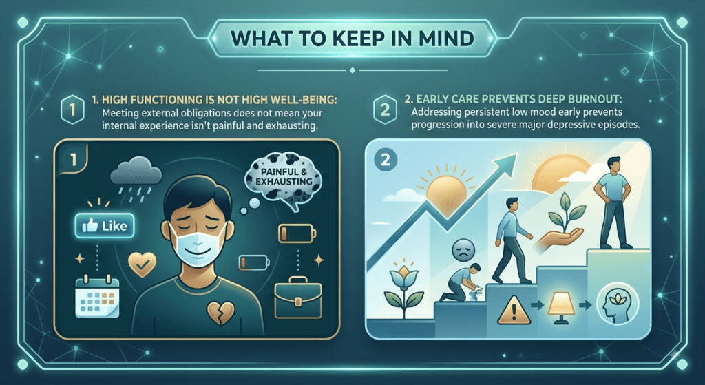A digital infographic, framed in glowing teal lines and network patterns, presenting two key points under the header "WHAT TO KEEP IN MIND."The left side (1) illustrates "HIGH FUNCTIONING IS NOT HIGH WELL-BEING," showing a person in a face mask smiling on the outside and receiving "Likes," but with an internal cloud of suffering that is "PAINFUL & EXHAUSTING," a depleted battery, and a broken heart.The right side (2) illustrates "EARLY CARE PREVENTS DEEP BURNOUT," depicting a timeline of a person taking proactive steps for their mental health. An early warning sign leads to therapy and healthy growth, represented by a rising sun, an upward-trending arrow, a blooming plant, and a balanced mind, showing the successful prevention of severe depressive episodes and burnout.
