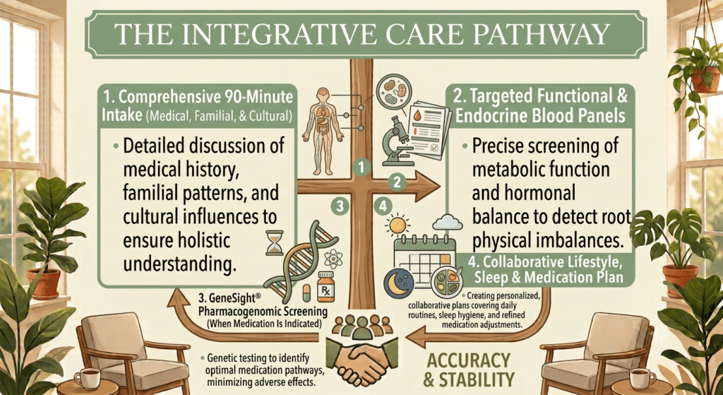 An informational infographic titled "THE INTEGRATIVE CARE PATHWAY," set within a sunlit room with multi-paned windows and numerous houseplants in terracotta pots (e.g., Fiddle Leaf Figs, Monsteras), and two comfortable armchairs with coffee cups. The graphic presents a sequential flow of four steps on two large cards connected by a central decorative wooden pillar and various icons, with feedback loops.Main Cards:Left Card (1): Titled "1. Comprehensive 90-Minute Intake (Medical, Familial, & Cultural)." Below, bulleted text details: "Detailed discussion of medical history, familial patterns, and cultural influences to ensure holistic understanding."Right Card (2): Titled "2. Targeted Functional & Endocrine Blood Panels." Below, bulleted text details: "Precise screening of metabolic function and hormonal balance to detect root physical imbalances."Flow & Icons:A numbered loop with green arrows connects the cards. Step 1 points to a human anatomy diagram. Step 2 points to a microscope, culture dishes, and result papers. Step 3 points to a DNA double helix, a pill, and a medication bottle (labelled Rx). Step 4 points to a calendar, a clock, and a healthy food plate with a moon and star.Bottom Elements:Below Left Card (3): Text: "3. GeneSight® Pharmacogenomic Screening (When Medication Is Indicated)." Below, small text details: "Genetic testing to identify optimal medication pathways, minimizing adverse effects."Below Right Card (4): Text: "4. Collaborative Lifestyle, Sleep & Medication Plan." Below, small text details: "Creating personalized, collaborative plans covering daily routines, sleep hygiene, and refined medication adjustments."Central Bottom: Icons of linked feedback arrows leading to a central handshake icon with a group of diverse figures, positioned above the text: "ACCURACY & STABILITY". The graphic has a professional, soothing illustrative quality, with clean typography and a cohesive color palette of green, brown, cream, and terracotta.