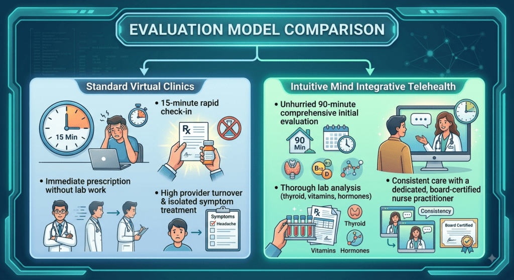 A medical comparison graphic titled "EVALUATION MODEL COMPARISON" framed within a teal digital border. The chart contrasts two care models:Left Side (Standard Virtual Clinics): Highlights limited care features with icons including a stressed patient at a laptop under a 15-minute clock, hands holding a prescription pill bottle with a "no lab" symbol, rotating doctor figures indicating high provider turnover, and a checklist focusing strictly on isolated symptoms. Bullet points list "15-minute rapid check-in," "Immediate prescription without lab work," and "High provider turnover & isolated symptom treatment."Right Side (Intuitive Mind Integrative Telehealth): Displayed in a glowing green panel showing a patient speaking calmly with a doctor on a video screen under a 90-minute evaluation graphic, lab test tubes with thyroid, vitamin, and hormone icons, and a "Board Certified" diploma certificate. Bullet points list "Unhurried 90-minute comprehensive initial evaluation," "Thorough lab analysis (thyroid, vitamins, hormones)," and "Consistent care with a dedicated, board-certified nurse practitioner."
