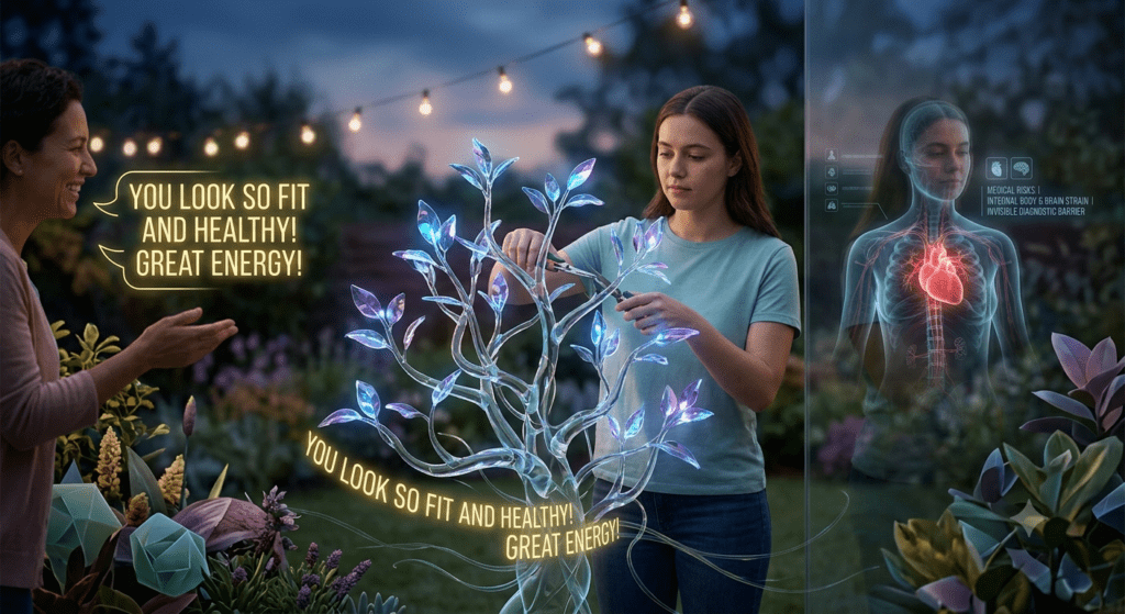 A visual graphic set in a twilight garden showing a woman receiving compliments about looking "fit and healthy." Beside her, a glowing holographic medical overlay reveals internal heart and brain strain, illustrating that outward appearance and normal body weight can hide severe eating disorder risks.