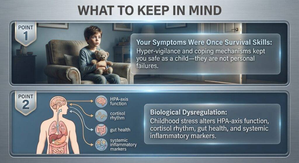 An educational infographic split into two horizontal panels within a polished, metallic frame. The overall title at the top is "WHAT TO KEEP IN MIND."Top Panel ("POINT 1"): Features a high-quality photorealistic image of a young, anxious-looking child with wide eyes, sitting in a muted-tone armchair and tightly clutching a worn teddy bear. To the right, a translucent glass-like overlay text box reads: "Your Symptoms Were Once Survival Skills: Hyper-vigilance and coping mechanisms kept you safe as a child—they are not personal failures."Bottom Panel ("POINT 2"): Features a clean anatomical illustration of the human torso and brain on the left. Arrows connect the brain and various internal organs (lungs, heart, liver, intestines) to a column of stylized icons and labels: a brain icon for "HPA-axis function," a wave graph for "cortisol rhythm," a coiled intestine for "gut health," and a cluster of cells for "systemic inflammatory markers." To the right, a matching translucent text box reads: "Biological Dysregulation: Childhood stress alters HPA-axis function, cortisol rhythm, gut health, and systemic inflammatory markers."