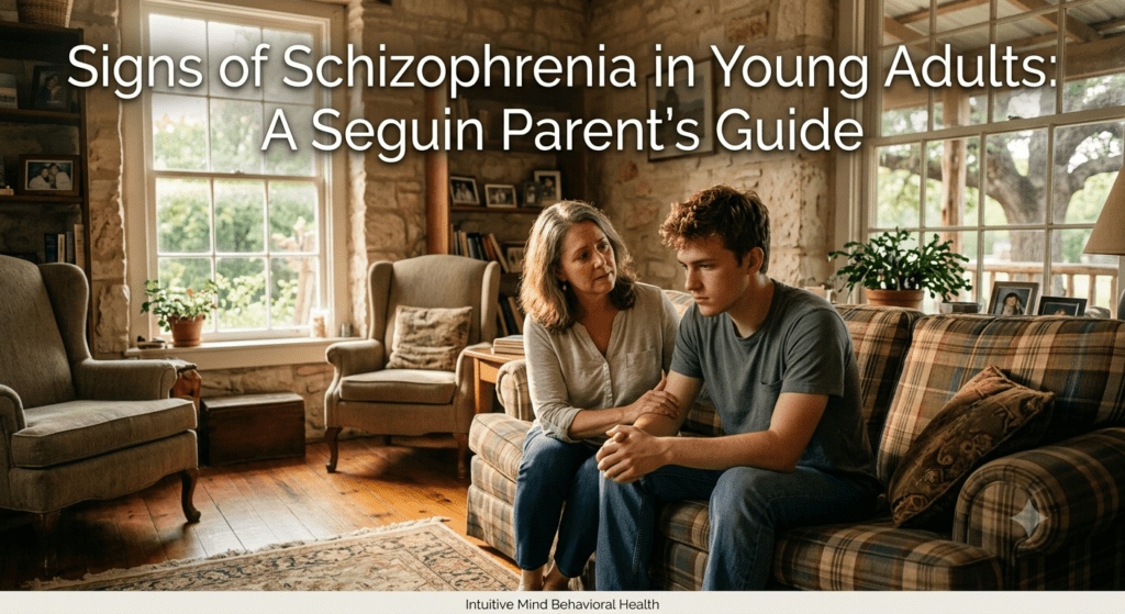 Featured image titled "Signs of Schizophrenia in Young Adults: A Seguin Parent's Guide" featuring a photorealistic image of a concerned mother sitting beside her young adult son on a couch in a sunlit living room with exposed stone walls. She offers gentle emotional support by placing a hand on his shoulder. A subtle footer at the bottom reads "Intuitive Mind Behavioral Health".