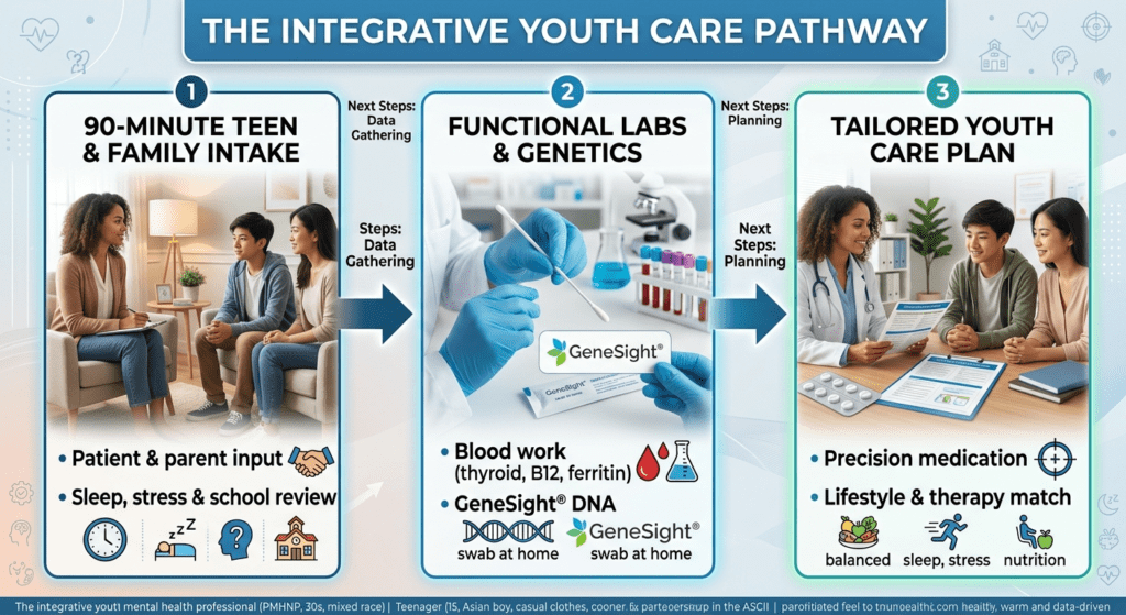A three-panel flowchart titled "THE INTEGRATIVE YOUTH CARE PATHWAY" connected by directional arrows detailing the stages of adolescent mental health treatment:Panel 1 (90-Minute Teen & Family Intake): Shows a photo of a clinician speaking with a teenage boy and his mother. Bullet points list "Patient & parent input" and "Sleep, stress & school review."Panel 2 (Functional Labs & Genetics): Displays hands holding a GeneSight DNA swab alongside test tubes and a microscope. Bullet points list "Blood work (thyroid, B12, ferritin)" and "GeneSight® DNA swab at home."Panel 3 (Tailored Youth Care Plan): Features a photo of the clinician reviewing a care plan document on a desk with the teen and mother. Bullet points list "Precision medication" and "Lifestyle & therapy match" with icons for nutrition, sleep, and exercise.
