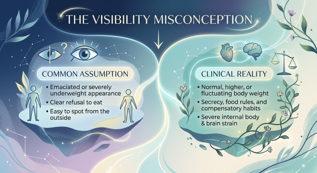 An infographic rendered in soft teal, navy, and glowing gold organic tones, titled "THE VISIBILITY MISCONCEPTION." A central arrow leads into two comparative cards set against a botanical background:Left Card (Common Assumption): Lists bullet points highlighting widespread myths—emaciated or severely underweight appearance, clear refusal to eat, and easy to spot from the outside.Right Card (Clinical Reality): Lists bullet points detailing the medical facts—normal, higher, or fluctuating body weight; secrecy, food rules, and compensatory habits; and severe internal body and brain strain.