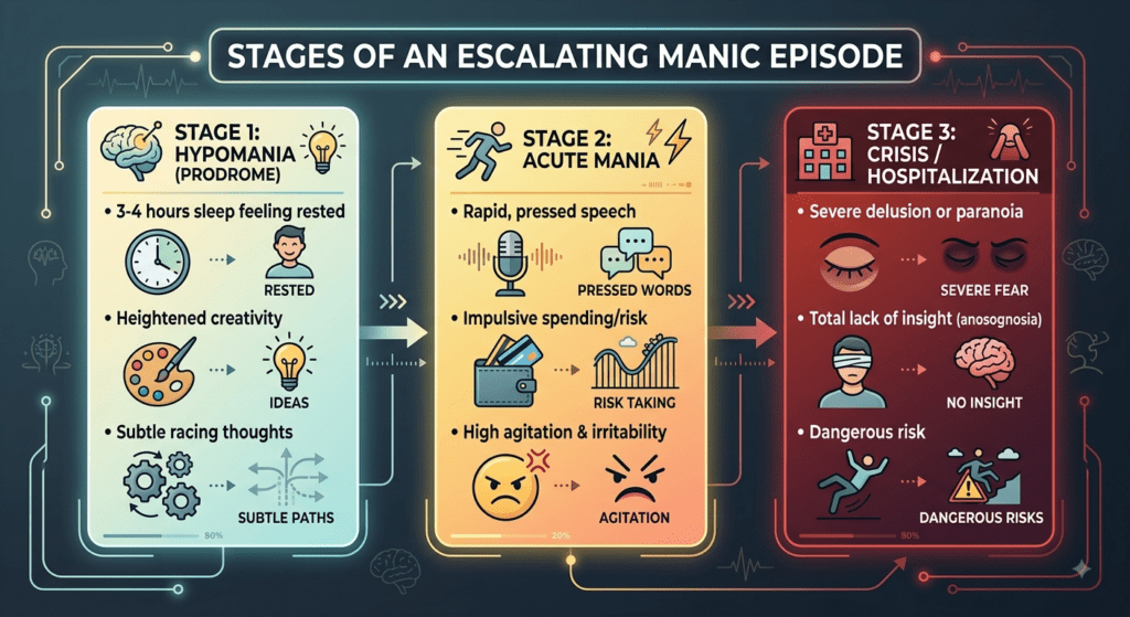 A horizontal flowchart graphic titled "STAGES OF AN ESCALATING MANIC EPISODE" detailing the three sequential phases of mania with connecting arrows and matching icons:Stage 1: Hypomania (Prodrome): Highlighted in light blue. Includes symptoms like 3-4 hours of sleep while feeling rested, heightened creativity, and subtle racing thoughts (illustrated with a clock, lightbulb, and gears).Stage 2: Acute Mania: Highlighted in yellow-orange. Lists rapid, pressed speech, impulsive spending/risk-taking, and high agitation & irritability (illustrated with a microphone, credit card, and agitated icon).Stage 3: Crisis / Hospitalization: Highlighted in dark red. Lists severe delusion or paranoia, total lack of insight (anosognosia), and dangerous risk-taking (illustrated with a hospital icon, blindfold icon, and hazard warning icon).