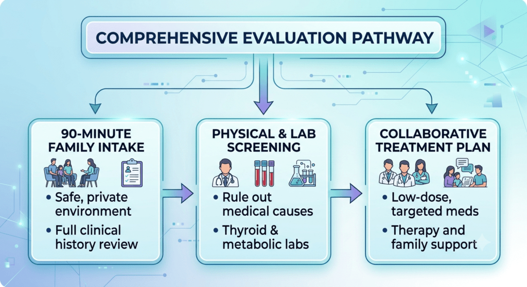 An infographic flowchart titled "Comprehensive Evaluation Pathway" illustrating a three-step medical process from left to right. The first step, "90-Minute Family Intake," involves a safe, private environment and a full clinical history review. The second step, "Physical & Lab Screening," involves ruling out medical causes and running thyroid and metabolic labs. The third and final step, "Collaborative Treatment Plan," involves low-dose, targeted medications along with therapy and family support. Each step includes descriptive icons of families, doctors, and medical supplies.