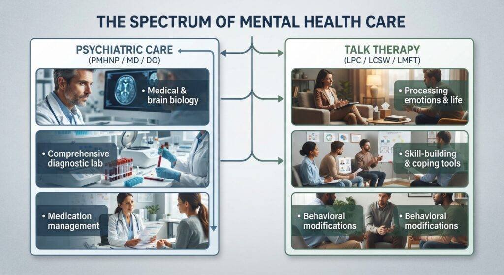 A professional infographic chart titled "THE SPECTRUM OF MENTAL HEALTH CARE." The chart is divided vertically into two main columns with clean graphic borders. The left column, labeled "PSYCHIATRIC CARE" and "(PMHNP / MD / DO)," features three stacked photorealistic vignettes: a doctor reviewing brain scans, a medical lab, and a psychiatrist with a patient. The right column, labeled "TALK THERAPY" and "(LPC / LCSW / LMFT)," features three stacked photorealistic vignettes: a therapist and client in an office, a group therapy session, and another therapist with a couple. Each vignette includes bulleted text overlays describing the care provided. Arrows and a central branching structure visually connect the two paths.