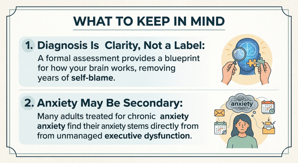 An informative card titled "WHAT TO KEEP IN MIND" featuring two key takeaways regarding adult ADHD diagnosis. Point 1, "Diagnosis Is Clarity, Not a Label," explains that formal assessments provide a blueprint for understanding executive function and help remove years of self-blame. Point 2, "Anxiety May Be Secondary," notes that chronic anxiety in adults often directly stems from underlying, unmanaged executive dysfunction.