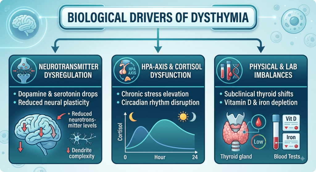 A medical infographic titled "BIOLOGICAL DRIVERS OF DYSTHYMIA" at the top, branching down into three illustrated columns.The first column, labeled NEUROTRANSMITTER DYSREGULATION, shows a diagram of reduced neurotransmitter levels and low dendrite complexity in the brain. The second column, labeled HPA-AXIS & CORTISOL DYSFUNCTION, includes a chart illustrating elevated cortisol levels across a 24-hour cycle and icons for chronic stress and circadian rhythm disruption. The third column, labeled PHYSICAL & LAB IMBALANCES, features diagrams of a thyroid gland and blood test vials indicating low levels, along with icons for vitamin D and iron depletion.The overall style is clean and informational, using a blue and teal color scheme with clear medical diagrams and icons.