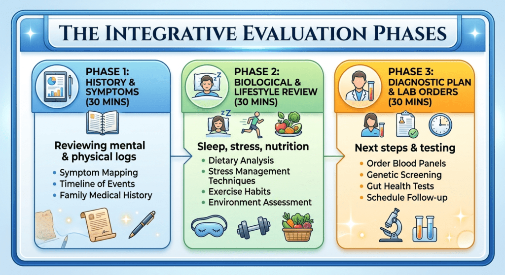A modern infographic with a light blue frame titled "The Integrative Evaluation Phases." The main flow is broken into three connected rectangular panels, each labeled as a 30-minute phase. The first panel is light blue, featuring icons of a tablet and open book, labeled "PHASE 1: HISTORY & SYMPTOMS (30 MINS)," with text below reading, "Reviewing mental & physical logs," followed by a bulleted list: "Symptom Mapping," "Timeline of Events," and "Family Medical History." The bottom right corner shows vintage scroll papers. An arrow points to the second panel, which is light green, featuring icons of people sleeping and running and fresh vegetables, labeled "PHASE 2: BIOLOGICAL & LIFESTYLE REVIEW (30 MINS)," with text below reading, "Sleep, stress, nutrition," followed by a bulleted list: "Dietary Analysis," "Stress Management Techniques," "Exercise Habits," and "Environment Assessment." The bottom left corner shows a sleep mask and dumbbells. An arrow points to the final panel, which is yellow-orange, featuring icons of medical personnel, a clipboard with a checkmark, and a clock, labeled "PHASE 3: DIAGNOSTIC PLAN & LAB ORDERS (30 MINS)," with text below reading, "Next steps & testing," followed by a bulleted list: "Order Blood Panels," "Genetic Screening," "Gut Health Tests," and "Schedule Follow-up." The bottom left corner shows a microscope and test tubes.