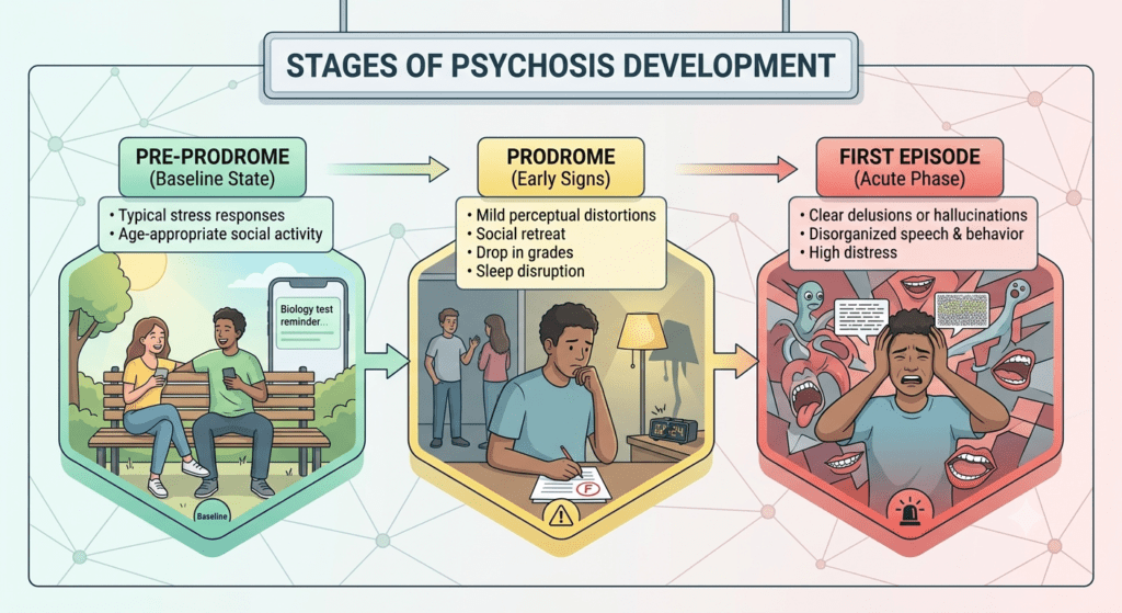 A detailed infographic flowchart titled 'STAGES OF PSYCHOSIS DEVELOPMENT' processes through three distinct, hex-shaped panels connected by arrows, moving from left to right.Panel 1 (Green, left), titled 'PRE-PRODROME (Baseline State)', lists bullet points: Typical stress responses; Age-appropriate social activity. The illustration shows a smiling young man and woman sitting together on a park bench, with a close-up of a phone screen displaying a 'Biology test reminder'. A 'Baseline' icon is below.Panel 2 (Yellow, center), titled 'PRODROME (Early Signs)', lists bullet points: Mild perceptual distortions; Social retreat; Drop in grades; Sleep disruption. The illustration shows the young man alone and distressed, writing at a desk at night with a bedside lamp on, a crumpled paper marked with a red 'F', and distant, unengaging figures in the background. A warning sign icon is below.Panel 3 (Red, right), titled 'FIRST EPISODE (Acute Phase)', lists bullet points: Clear delusions or hallucinations; Disorganized speech & behavior; High distress. The illustration shows the young man in acute crisis, holding his head and screaming/wailing, surrounded by monstrous, grotesque creatures emerging from word bubbles, including multi-eyed monsters and many gaping mouths. A red alarm bell icon is below. The infographic uses visual storytelling to show a clear progression from a happy baseline to a state of acute mental health crisis.