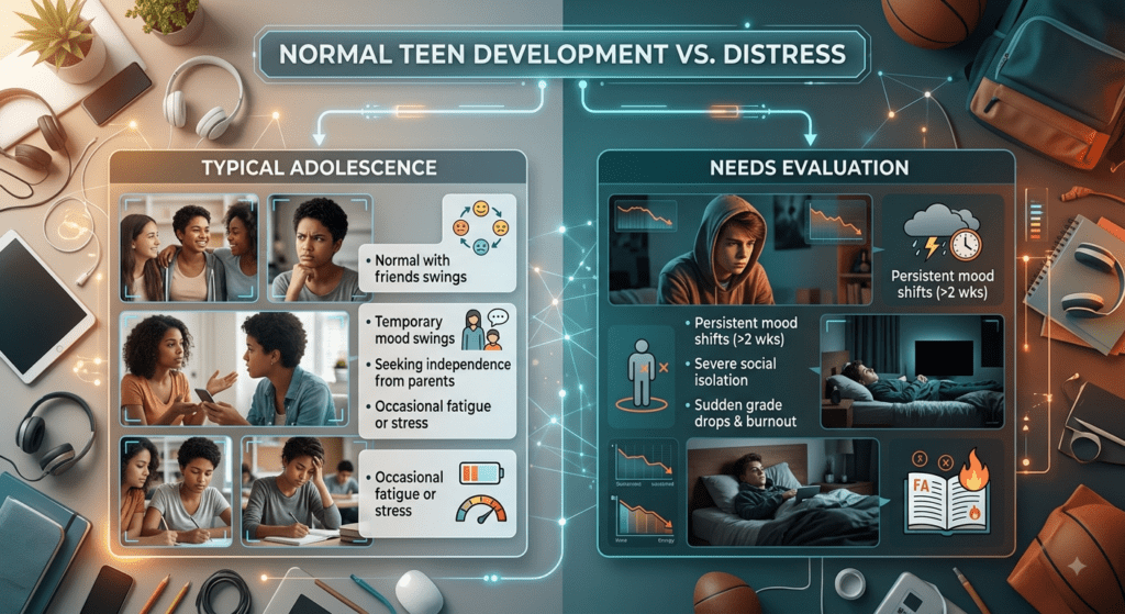 A side-by-side comparison infographic titled "NORMAL TEEN DEVELOPMENT VS. DISTRESS" framed within a modern desk overhead backdrop.Left Section ("TYPICAL ADOLESCENCE"): Features photos of teens socializing, talking with parents, and studying. Text highlights typical traits: temporary mood swings, seeking independence from parents, and occasional fatigue or stress.Right Section ("NEEDS EVALUATION"): Features darker images of a teen in a hoodie isolated in a bedroom and lying in bed. Text highlights warning signs: persistent mood shifts (lasting over 2 weeks), severe social isolation, and sudden grade drops and burnout.