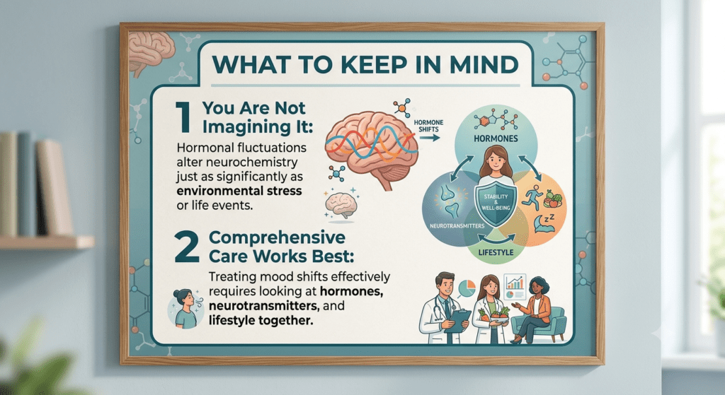 A framed educational poster hangs on a wall in a wellness-themed room, titled "WHAT TO KEEP IN MIND." Below the title, the content is divided into two numbered points. Point 1, on the left, says: "You Are Not Imagining It: Hormonal fluctuations alter neurochemistry just as significantly as environmental stress or life events." Adjacent to this, there is an illustration of a brain with flowing red, orange, and blue lines, molecule icons, and a small brain icon, with an arrow pointing to a circle labeled "HORMONES". Below point 1, a small illustration shows a person validating themselves. Point 2, on the bottom left, says: "Comprehensive Care Works Best: Treating mood shifts effectively requires looking at hormones, neurotransmitters, and lifestyle together." To the right, a central, interconnected diagram shows a person with three overlapping circles: "HORMONES" (with molecules), "NEUROTRANSMITTERS" (with glowing synaptic icons), and "LIFESTYLE" (with icons for running, healthy food, and sleep). All circles converge into a shield labeled "STABILITY & WELL-BEING". Below this, a group of doctors and a therapist are shown consulting together. The overall style is clean, modern, with a teal, blue, and orange color palette. The background is a soft blue wall with a shelf of books.