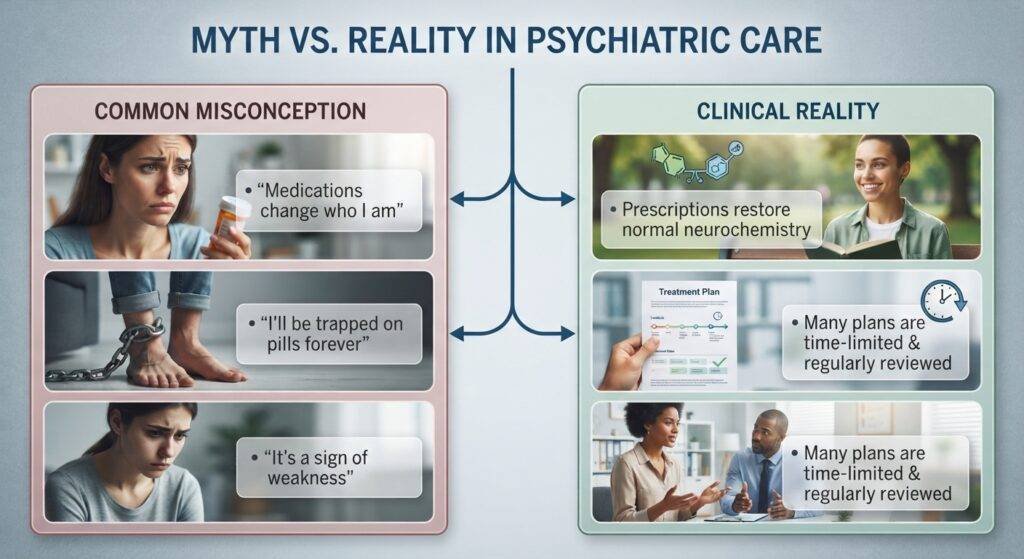 An infographic chart titled "MYTH VS. REALITY IN PSYCHIATRIC CARE" in a clean, professional layout. The chart is split into two vertical columns. The left column, "COMMON MISCONCEPTION," features three stacked photorealistic vignettes with semi-transparent text overlays: a concerned woman looking at a pill bottle ("'Medications change who I am'"), a person with a chain on their ankle ("'I'll be trapped on pills forever'"), and a person looking down in shame ("'It's a sign of weakness'"). The right column, "CLINICAL REALITY," features three corresponding stacked photorealistic vignettes: a happy, balanced person reading ("Prescriptions restore normal neurochemistry"), a hand reviewing a time-stamped treatment plan ("Many plans are time-limited & regularly reviewed"), and a person confidently speaking with a psychiatrist ("Seeking care is an act of strength"). Arrows visually connect each misconception to its corresponding reality.