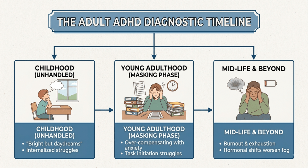 A chart titled "THE ADULT ADHD DIAGNOSTIC TIMELINE" showcasing three stages: Childhood (Unhandled), Young Adulthood (Masking Phase), and Mid-Life & Beyond, each with illustrations and symptoms like daydreaming, anxiety, and burnout.