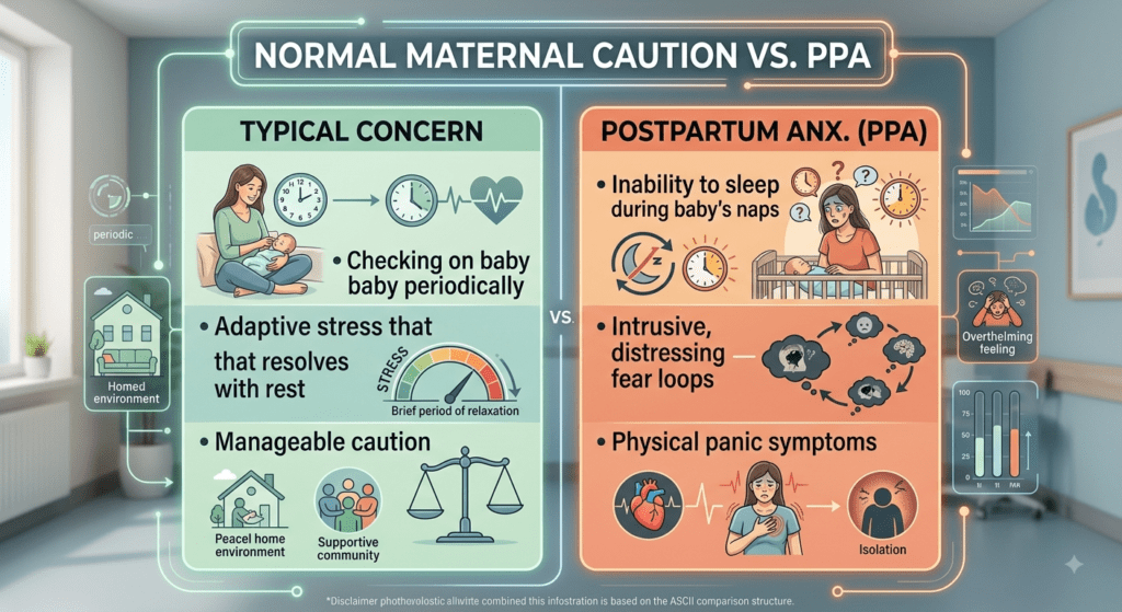 A mixed-media infographic infographic set in a modern clinic, titled "NORMAL MATERNAL CAUTION VS. PPA." The image is divided into two illustrative panels with distinctive color schemes.Left Panel (Green, "TYPICAL CONCERN"): Shows a smiling mother comforting a baby. Bullet points describe normal behaviors: "Checking on baby periodically" (with a clock icon), "Adaptive stress that resolves with rest" (with a brief relaxation graphic), and "Manageable caution" (with a balanced scale icon). Includes icons for a peaceful home and supportive community.Right Panel (Red, "POSTPARTUM ANX. (PPA)"): Shows a distressed, exhausted mother beside a crib. Bullet points list anxiety symptoms: "Inability to sleep during baby's naps" (with clock and question mark icons), "Intrusive, distressing fear loops" (with connected thought bubbles and dark imagery), and "Physical panic symptoms" (with a heart and tension graphic). Includes graphics showing "Overwhelming feeling" and "Isolation."
Glowing digital lines and data points connect the illustrations. Small charts and graphs provide additional context. Text is clear and integrated into the design. A disclaimer is visible at the bottom. The overall lighting is bright and supportive.