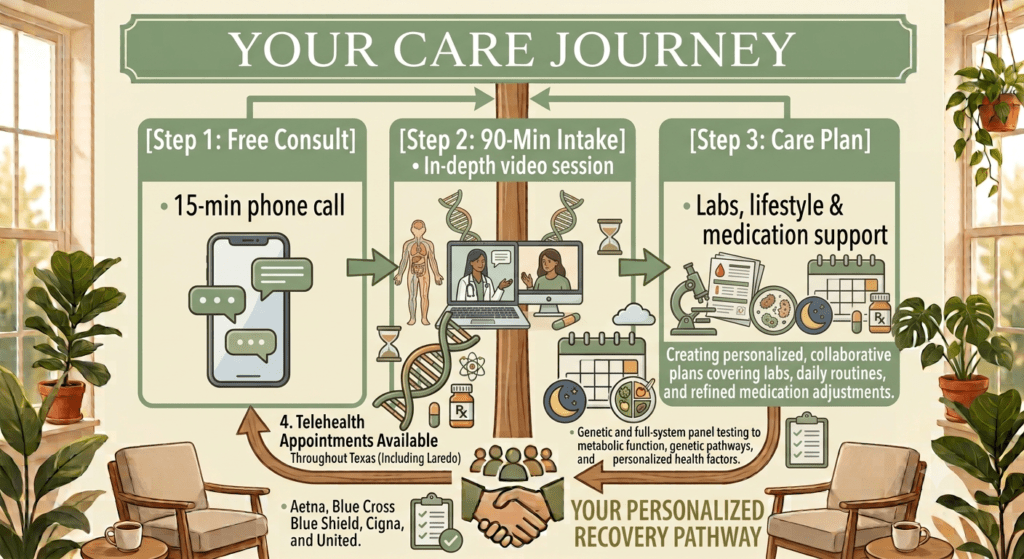 An informational infographic titled "YOUR CARE JOURNEY," set against a backdrop of a sunlit room with multi-paned windows, two comfortable armchairs with coffee cups, and numerous houseplants in terracotta pots (e.g., Fiddle Leaf Figs, Monsteras). The graphic illustrates a multi-step, interconnected process using illustrated panels, icons, and text, with feedback loops. Main Journey Panels: Panel 1 (Left): "[Step 1: Free Consult]" with the text "15-min phone call" and an illustrated smartphone showing chat bubbles and icons. An arrow points from this panel. Panel 2 (Center): "[Step 2: 90-Min Intake] • In-depth video session." Below, an illustrated video conference screen shows a clinician and patient conversing. Arrows flow into and out of this central panel. Panel 3 (Right): "[Step 3: Care Plan]" with the text "Labs, lifestyle & medication support." Below, an icon cluster shows a microscope, petri dishes with cells, and a calendar. Below that, text details: "Creating personalized, collaborative plans covering labs, daily routines, and refined medication adjustments." Flow & Icons: Interconnecting green arrows form a loop between the three main steps. The central video screen is flanked by large illustrative DNA double helixes. Smaller icons in the flow include: an hourglass, a pill and Rx bottle, a small diagram of a human anatomy model, and a atom symbol. Bottom Elements: Below Left: An arrow pointing from Panel 1 connects to text: "4. Telehealth Appointments Available Throughout Texas (Including Laredo)." A star map and list name insurance providers: "Aetna, Blue Cross Blue Shield, Cigna, and United." A checklist icon is nearby. Below Right: An arrow from Panel 3 points to text: "Genetic and full-system panel testing to metabolic function, genetic pathways, and personalized health factors." A checklist icon is nearby. Central Bottom: The feedback arrows lead to a large central handshake icon under text which reads: "YOUR PERSONALIZED RECOVERY PATHWAY." The entire infographic has a cohesive illustrative and digital art style, using a color palette of green, brown, cream, and terracotta.