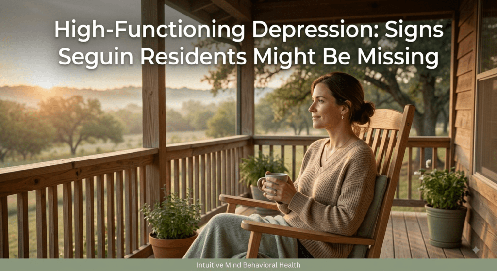A photorealistic featured image showing a woman in her late 30s sitting on a wooden porch in Seguin, Texas, holding a warm mug in a rocking chair during early morning light. She looks out thoughtfully toward a misty, sunlit countryside landscape framed by oak trees. Clear overlay text in modern white typography across the upper third reads, "High-Functioning Depression: Signs Seguin Residents Might Be Missing." A subtle sage green bar along the bottom displays "Intuitive Mind Behavioral Health."