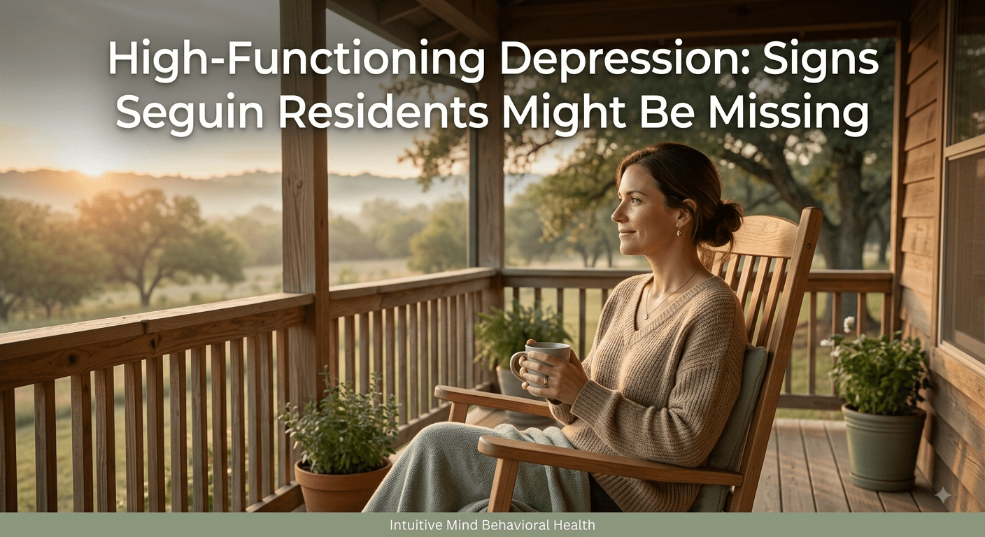 A photorealistic featured image showing a woman in her late 30s sitting on a wooden porch in Seguin, Texas, holding a warm mug in a rocking chair during early morning light. She looks out thoughtfully toward a misty, sunlit countryside landscape framed by oak trees. Clear overlay text in modern white typography across the upper third reads, "High-Functioning Depression: Signs Seguin Residents Might Be Missing." A subtle sage green bar along the bottom displays "Intuitive Mind Behavioral Health."