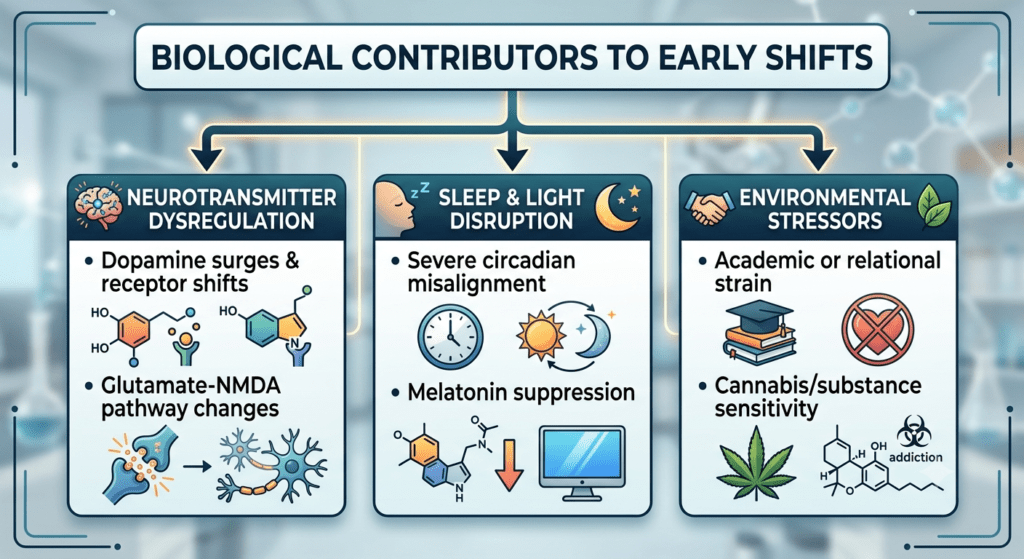 An infographic titled "BIOLOGICAL CONTRIBUTORS TO EARLY SHIFTS", presented in a clean, modern illustrative style with three distinct columns.The left column, "NEUROTRANSMITTER DYSREGULATION", featuring a brain icon, details two points: "Dopamine surges & receptor shifts", accompanied by illustrations of molecules and receptors; and "Glutamate-NMDA pathway changes", with an illustration of a synapse and interconnected neurons.The center column, "SLEEP & LIGHT DISRUPTION", with icons of a sleeping person and sun/moon, lists: "Severe circadian misalignment", with an illustration of a clock and sun/moon cycle; and "Melatonin suppression", with an illustration of a melatonin molecule decreasing near a computer monitor.The right column, "ENVIRONMENTAL STRESSORS", with handshake and leaves icons, lists: "Academic or relational strain", with illustrations of books and a crossed-out heart; and "Cannabis/substance sensitivity", with illustrations of a cannabis leaf, a chemical structure, and an addiction biohazard icon.