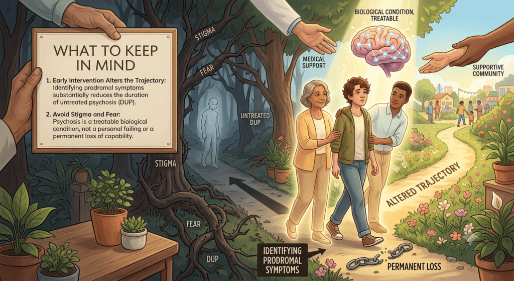 A detailed conceptual infographic illustration, split between two metaphorical paths. A sign on the left is titled 'WHAT TO KEEP IN MIND' and lists key points: 1. 'Early Intervention Alters the Trajectory: Identifying prodromal symptoms substantially reduces the duration of untreated psychosis (DUP)' and 2. 'Avoid Stigma and Fear: Psychosis is a treatable biological condition, not a personal failing or a permanent loss of capability'. Arrows and labels like 'IDENTIFYING PRODROMAL SYMPTOMS' guide the transition. On the left, a dark, thorny trail is labeled with terms like 'STIGMA', 'FEAR', and 'UNTREATED DUP'. On the right, a bright, sunlit path is labeled 'ALTERED TRAJECTORY'. A diverse group of people, representing support, are helping a glowing young adult transition from the dark path to the bright one. Above, a glowing brain is labeled 'BIOLOGICAL CONDITION, TREATABLE'. Hands reach down, labeled 'MEDICAL SUPPORT' and 'SUPPORTIVE COMMUNITY', toward a peaceful village in the distance. Potted plants line the foreground.