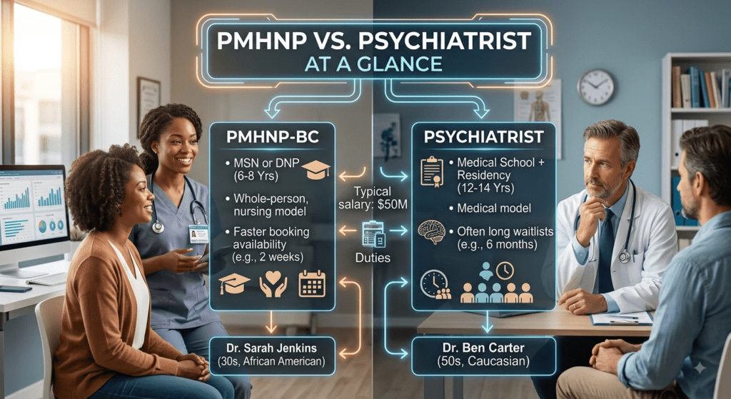 A split-screen infographic titled 'PMHNP VS. PSYCHIATRIST AT A GLANCE.' On the left, a photorealistic scene of a female PMHNP in scrubs with a patient is shown with text boxes detailing educational requirements (MSN or DNP), a whole-person nursing model, and faster booking. On the right, a photorealistic scene of a male Psychiatrist in a white coat with a patient is shown, detailing medical school and residency requirements, a medical model of care, and often long waitlists. A central column compares duties and lists a typical salary of $50M. Both providers are named and described by demographic (Dr. Sarah Jenkins, 30s, African American, and Dr. Ben Carter, 50s, Caucasian).