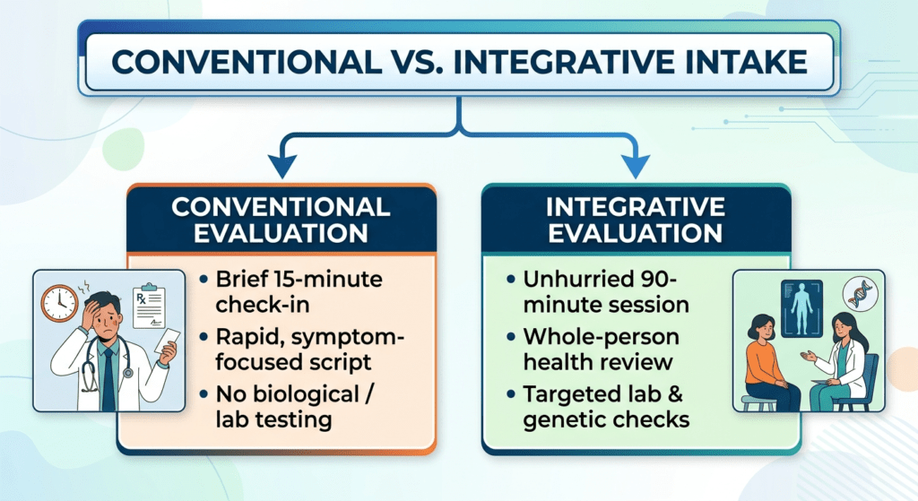 A side-by-side comparison flowchart titled "CONVENTIONAL VS. INTEGRATIVE INTAKE". On the left, "Conventional Evaluation" is highlighted in orange with an illustration of a rushed doctor, listing three points: Brief 15-minute check-in; Rapid, symptom-focused script; and No biological / lab testing. On the right, "Integrative Evaluation" is highlighted in green with an illustration of an unhurried consultation, listing three points: Unhurried 90-minute session; Whole-person health review; and Targeted lab & genetic checks.