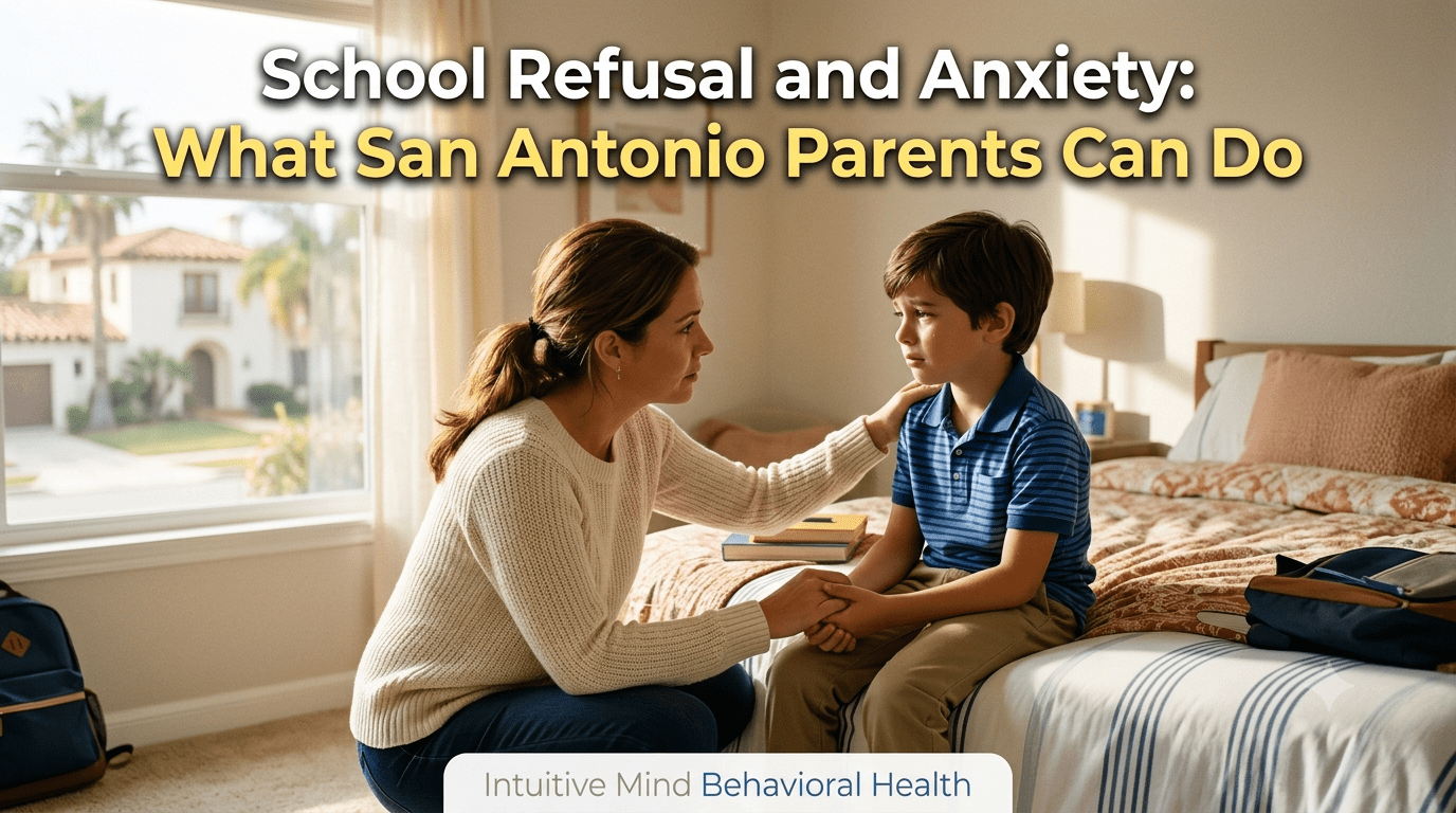 A mother in a cream-colored sweater kneels by her young son, who is sitting on the edge of a bed, holding his hands and comforting him. The room is a sunlit bedroom with wooden furniture and neutral-colored bedding, and a large window looks out onto trees and a house. In the upper-left, white and yellow text reads "School Refusal and Anxiety: What San Antonio Parents Can Do". A black banner at the bottom displays "Intuitive Mind Behavioral Health".