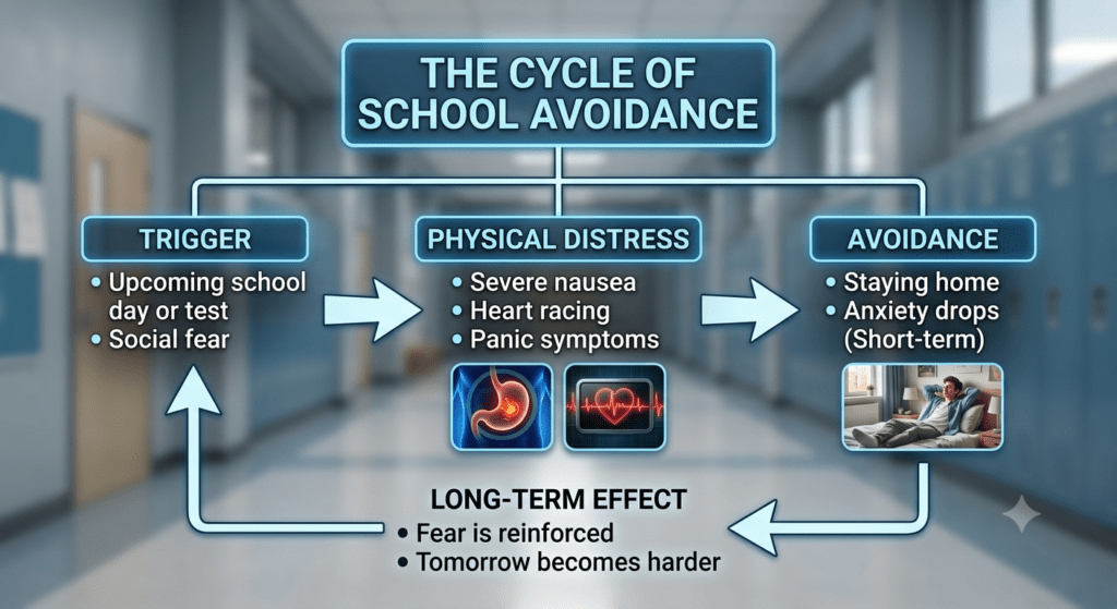 A photo-realistic image of a blurred, empty school hallway overlayed with a blue glowing digital infographic titled "THE CYCLE OF SCHOOL AVOIDANCE". The graphic presents a circular diagram outlining four stages connected by directional arrows:Trigger: Lists factors such as an upcoming school day or test and social fear.Physical Distress: Includes icons of a stomach and heart monitor, highlighting symptoms like severe nausea, heart racing, and panic symptoms.Avoidance: Features a small photo of a student resting in bed, describing actions like staying home and short-term anxiety drops.Long-Term Effect: Loops back to the trigger stage, explaining that fear is reinforced and tomorrow becomes harder.