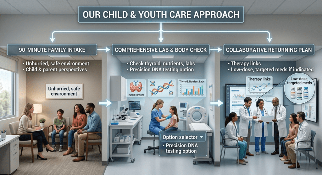 A photo-realistic cross-section graphic of a modern medical facility illustrating a three-stage clinical workflow titled 'OUR CHILD & YOUTH CARE APPROACH':90-Minute Family Intake: Shows a family speaking with a clinician in a comfortable, brightly lit room, emphasizing an unhurried, safe environment and gathering child and parent perspectives.Comprehensive Lab & Body Check: Shows a medical professional examining a young patient alongside lab graphics for thyroid, nutrient tests, and precision DNA testing options.Collaborative Returning Plan: Shows a team of doctors discussing results with parents in front of digital data displays, focusing on therapy links and low-dose, targeted medications if indicated.