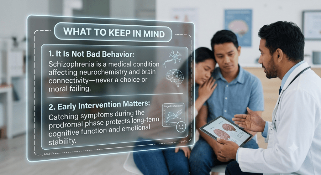 A photograph of doctors and a family consulting in a medical clinic with a large, glowing, semi-transparent digital informational overlay floating in the foreground. The overlay text is headed 'WHAT TO KEEP IN MIND' and lists two points:It Is Not Bad Behavior: With small graphics of a neuron and a brain, it states, "Schizophrenia is a medical condition affecting neurochemistry and brain connectivity—never a choice or moral failing."Early Intervention Matters: With a small data chart, it states, "Catching symptoms during the prodromal phase protects long-term cognitive function and emotional stability."The background shows the "EPIC" logo and several medical professionals, a patient, and a guardian discussing while looking at brain MRI scans on screens.
