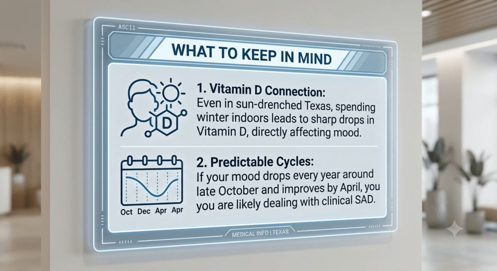 A modern wall-mounted digital display screen, set within a blurred medical office background, presenting an infographic titled 'WHAT TO KEEP IN MIND'. The screen features two main sections:Vitamin D Connection: Accompanied by an icon of a human head with a sun and 'D' molecule, the text reads, "Even in sun-drenched Texas, spending winter indoors leads to sharp drops in Vitamin D, directly affecting mood."Predictable Cycles: Accompanied by a calendar and line graph showing a dip and rise labeled 'Oct', 'Dec', 'Apr', 'Apr', the text reads, "If your mood drops every year around late October and improves by April, you are likely dealing with clinical SAD."The bottom of the screen has subtle "MEDICAL INFO | TEXAS" text. The entire display has a clean, futuristic glass panel aesthetic.