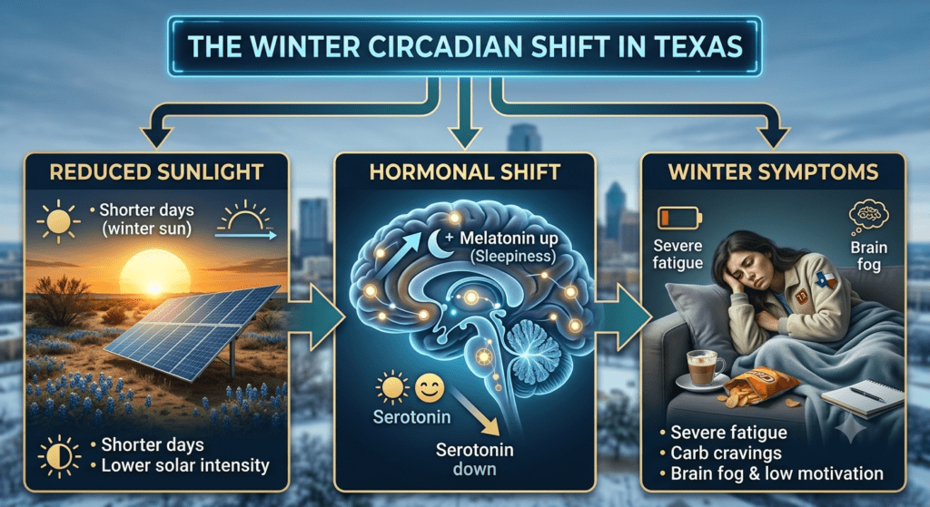 An infographic with a blue digital header and three main columns, titled 'THE WINTER CIRCADIAN SHIFT IN TEXAS', set against a blurred city skyline:Reduced Sunlight: A photograph of a sunset over a solar panel and bluebonnet field with icons showing shorter days, and lower solar intensity.Hormonal Shift: An illustration of a glowing brain with arrows and sun/moon icons showing increased melatonin (sleepiness) and decreased serotonin.Winter Symptoms: A photograph of an exhausted woman on a couch under a blanket with snacks and a notebook, accompanied by brain fog and fatigue icons, listing severe fatigue, carb cravings, brain fog, and low motivation.