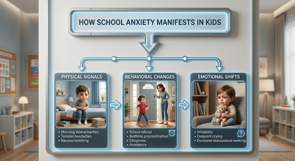 A high-tech digital panel display set against a blurred pediatric clinic interior, featuring a flowchart titled 'HOW SCHOOL ANXIETY MANIFESTS IN KIDS' broken into three main categories:Physical Signals: Displays an illustration of a young boy holding his stomach while sitting uncomfortably on his bed, with bullet points for morning stomachaches, tension headaches, and nausea/vomiting.Behavioral Changes: Shows an illustration of a hesitant child at an open front door resisting a parent holding car keys, detailing school refusal, bedtime procrastination, clinginess, and avoidance.Emotional Shifts: Shows an illustration of a crying toddler sitting on a chair hugging a teddy bear, detailing irritability, frequent crying, and excessive reassurance-seeking.The entire asset is framed in a clean, modern glass display with blue illuminated indicators and directional arrows connecting each section.