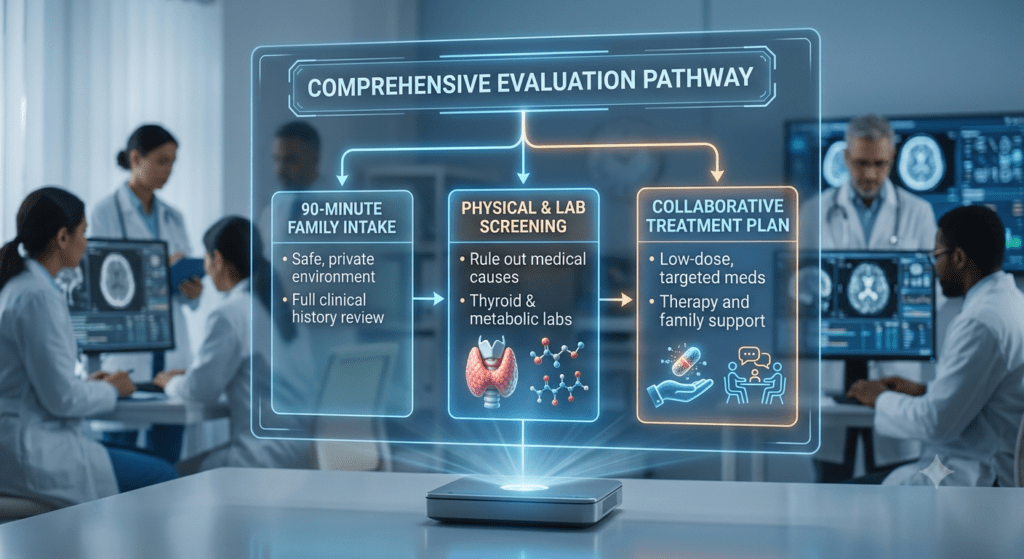 A realistic, high-tech clinical setting showing medical professionals working in the background, with a bright, floating 3D holographic screen projected in the foreground. The header reads "COMPREHENSIVE EVALUATION PATHWAY" and displays three sequential steps connected by arrows:90-Minute Family Intake: Lists a safe, private environment and full clinical history review.Physical & Lab Screening: Includes graphics of a thyroid and molecular structure, listing steps to rule out medical causes and conduct thyroid & metabolic labs.Collaborative Treatment Plan: Includes graphics of medication and consultation, detailing low-dose, targeted meds along with therapy and family support.