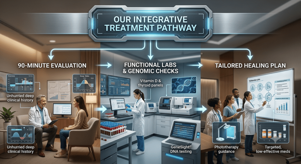 A three-section photorealistic image set inside a modern clinical facility illustrating a care process titled 'OUR INTEGRATIVE TREATMENT PATHWAY':90-Minute Evaluation: Shows a male clinician in a white coat conducting a seated intake conversation with a female patient, flanked by digital overlays highlighting an unhurried deep clinical history and circadian pattern mapping.Functional Labs & Genomic Checks: Shows a lab technician working in a medical laboratory with blood sample vials, lab machinery, and graphic overlays for Vitamin D & thyroid panels alongside GeneSight® DNA testing.Tailored Healing Plan: Shows a team of healthcare professionals reviewing a whiteboard presentation, accompanied by inset graphic overlays illustrating phototherapy light boxes and targeted, low-effective medications.