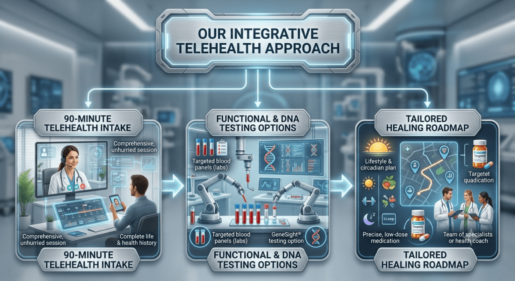 A high-tech, three-panel infographic illustrating 'OUR INTEGRATIVE TELEHEALTH APPROACH':90-Minute Telehealth Intake: Depicts a young male client in a modern home office on a video call with a female clinician in a professional clinic, overlaid with text emphasizing a comprehensive, unhurried session and a complete life & health history.Functional & DNA Testing Options: Shows a highly automated laboratory setting with multi-axis robotic arms processing test tube samples, accompanied by medical monitor displays showing DNA double-helix structures and targeted data panels, featuring text for targeted blood panels (labs) and GeneSight® DNA testing.Tailored Healing Roadmap: Features three professional medical specialists (a team) reviewing a personalized journey map, which integrates a lifestyle & circadian plan, precise low-dose medication (pill bottle icon), and targeted quantification for a comprehensive care plan.The entire graphic has a futuristic, interconnected aesthetic with glowing data links and a clean medical laboratory background.