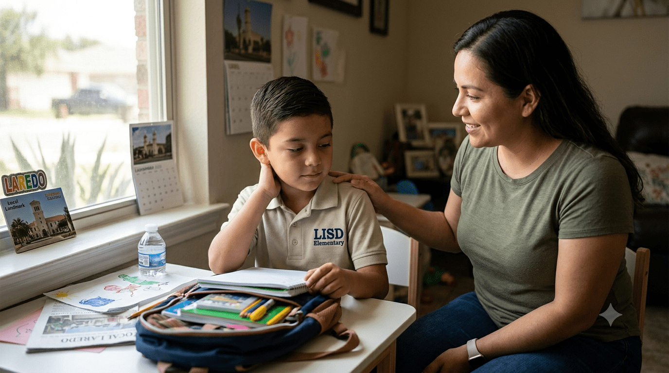A warm, photorealistic scene inside a South Texas home showing a Hispanic mother offering supportive comfort to her young son sitting at a study desk with an open backpack. The boy, wearing a Laredo Elementary polo shirt, looks thoughtfully at a notebook while his mother gently places a hand on his shoulder. Sunlight fills the room through a nearby window featuring local Laredo postcard decor on the sill, creating an encouraging and empathetic clinical tone.