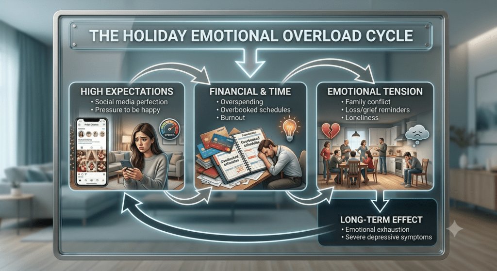 A futuristic, semi-transparent digital glass display set against a softly blurred living room, depicting an interconnected cyclical infographic titled 'THE HOLIDAY EMOTIONAL OVERLOAD CYCLE':High Expectations: Shows a worried young woman holding a smartphone displaying idealized holiday social media feeds, accompanied by a stress meter graphic and text highlighting social media perfection and pressure to be happy.Financial & Time: Shows a man sitting head-down at a desk overwhelmed by credit cards, bills, and an overbooked planner, detailing overspending, packed schedules, and burnout.Emotional Tension: Illustrates a family arguing in a kitchen alongside a lonely individual seated nearby, accompanied by broken heart and sad cloud icons, emphasizing family conflict, loss/grief reminders, and loneliness.Long-Term Effect: A connected return-loop banner at the bottom outlining outcomes including emotional exhaustion and severe depressive symptoms.
