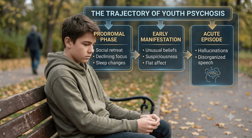 A photo-realistic image of a thoughtful young person sitting alone on a park bench in an autumn setting, with a clean digital infographic semi-transparently overlaying the background. The graphic is titled "THE TRAJECTORY OF YOUTH PSYCHOSIS" and maps out three sequential phases connected by arrows:Prodromal Phase: Outlines symptoms including social retreat, declining focus, and sleep changes.Early Manifestation: Outlines symptoms including unusual beliefs, suspiciousness, and flat affect.Acute Episode: Outlines symptoms including hallucinations and disorganized speech.