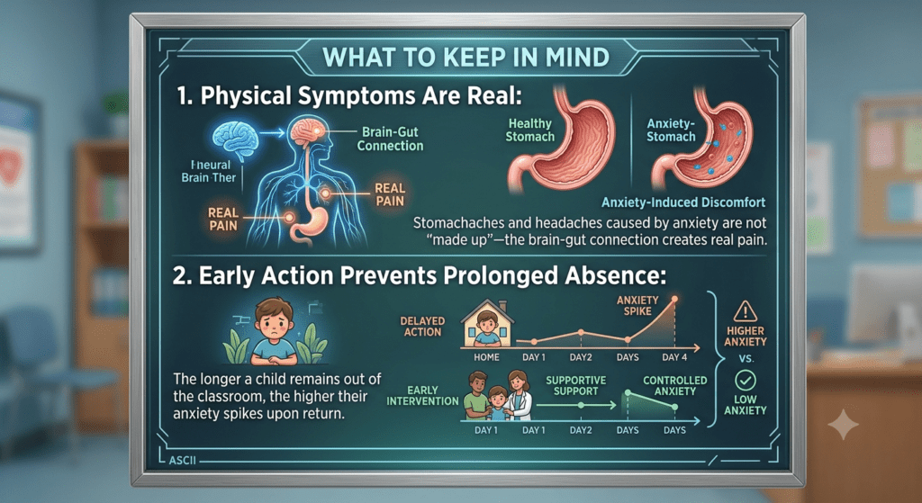 A high-resolution photo of a digital wall display inside a clinical office showing an educational graphic titled 'WHAT TO KEEP IN MIND'. The panel details two main points:Physical Symptoms Are Real: Accompanied by diagrams illustrating the brain-gut connection and stomach discomfort, explaining that stomachaches and headaches caused by anxiety are not "made up"—the brain-gut connection creates real pain.Early Action Prevents Prolonged Absence: Features line graphs contrasting delayed action with early intervention, noting that the longer a child remains out of the classroom, the higher their anxiety spikes upon return.