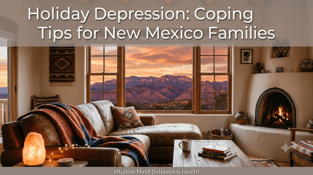 A photorealistic, warm Southwestern living room interior featuring an adobe fireplace with a crackling fire, a leather sectional couch draped with a woven blanket, a glowing salt lamp, and a coffee table with books and a mug. Large paned windows offer a picturesque view of dramatic New Mexico mountain peaks illuminated by a vibrant orange and purple sunset. A semi-transparent overlay in the top third reads 'Holiday Depression: Coping Tips for New Mexico Families', with a subtle footer reading 'Intuitive Mind Behavioral Health'.