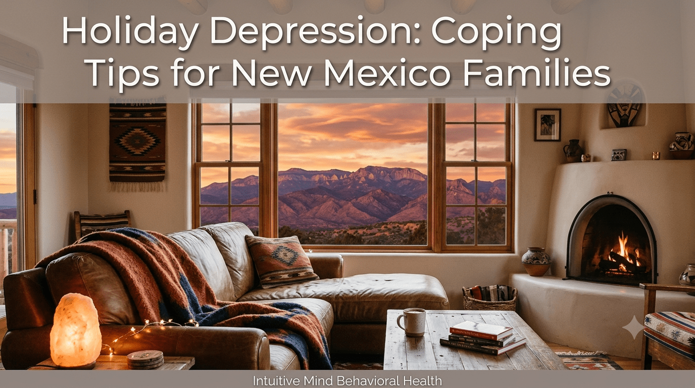 A photorealistic, warm Southwestern living room interior featuring an adobe fireplace with a crackling fire, a leather sectional couch draped with a woven blanket, a glowing salt lamp, and a coffee table with books and a mug. Large paned windows offer a picturesque view of dramatic New Mexico mountain peaks illuminated by a vibrant orange and purple sunset. A semi-transparent overlay in the top third reads 'Holiday Depression: Coping Tips for New Mexico Families', with a subtle footer reading 'Intuitive Mind Behavioral Health'.