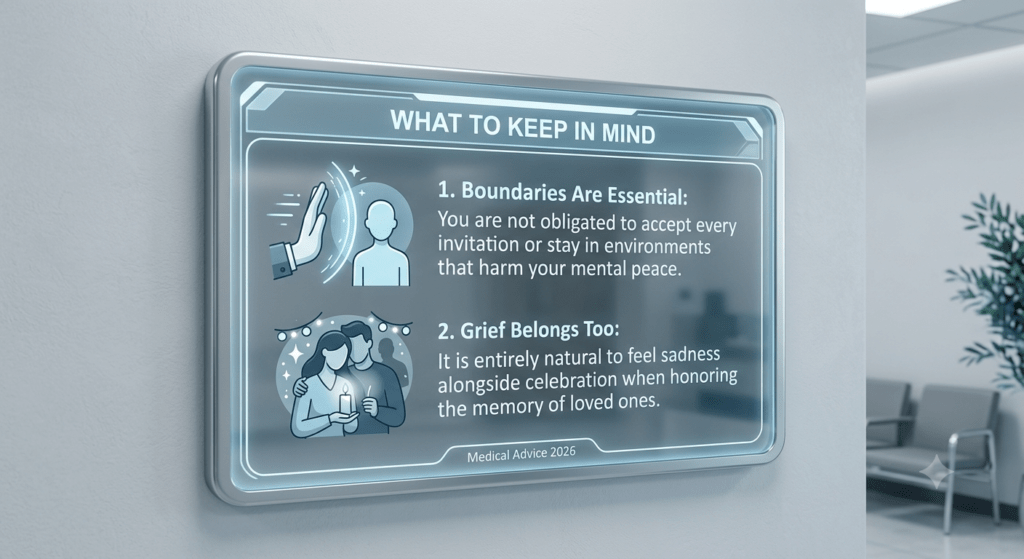 A modern, wall-mounted digital glass display set in a brightly lit clinical waiting room, showing an informational card titled 'WHAT TO KEEP IN MIND' with two key guidance points:Boundaries Are Essential: Features an icon of a hand forming a protective shield around a person, with text stating, "You are not obligated to accept every invitation or stay in environments that harm your mental peace."Grief Belongs Too: Features an illustration of a couple holding a glowing candle together under soft holiday lights, with text reading, "It is entirely natural to feel sadness alongside celebration when honoring the memory of loved ones."The bottom of the sleek screen displays a subtle tag reading "Medical Advice 2026".
